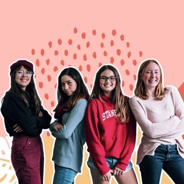 Four kōtiro posing for the camera on a peach coloured background