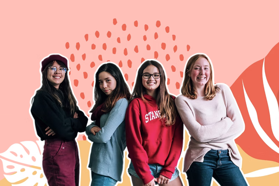 Largely decorative image depicting four young women standing shoulder to shoulder on a peach coloured background