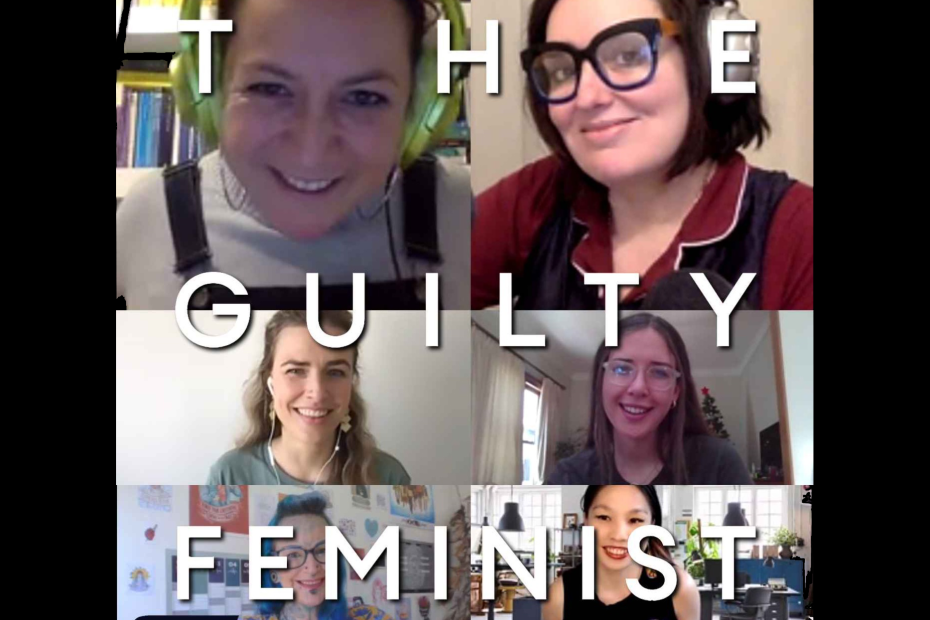 Cover art from Guilty Feminist Podcast featuring host Deborah Frances White, co-host Jessica Fostekew and other guests