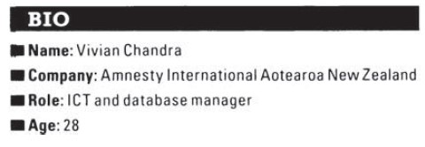 Box which is entitled BIO. It has the following bulleted information:

Name: Vivian Chandra
Company: Amnesty International Aotearoa New Zealand
Role: ICT and database manager
Age: 28