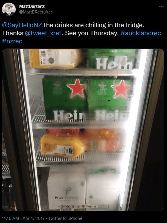 Screenshot of twitter with the words "@SayHelloNZ the drinks are chilling in the fridge. Thanks @tweet_xref . See you Thursday. #aucklandrec #nzrec"