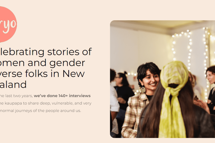 StoryO Front Page with the words "Celebrating stories of women and gender diverse folks in New Zealand Over the last two years, we’ve done 140+ interviews with the kaupapa to share deep, vulnerable, and very much normal journeys of the people around us." and a photo of two women talking