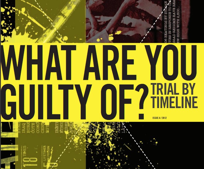 Big heading saying "What are you guilty of" Trial by Timeline