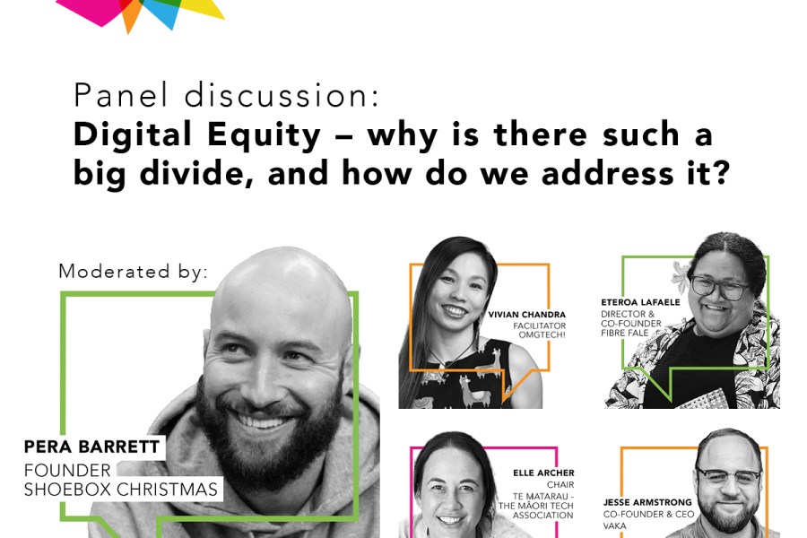 Square panel with Festival for the future logo on the top left. It has the title of the panel (Digital Equity - Why is there such a big divide, and how do we address it) and then there are five headshots of the panellists, in square coloured speech bubbles