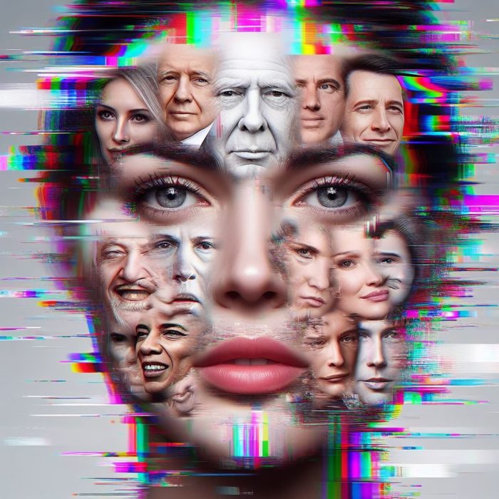 An AI generated image that has been created to represent the rise of deep fake technology. It is a European looking woman with multiple faces merged to her face