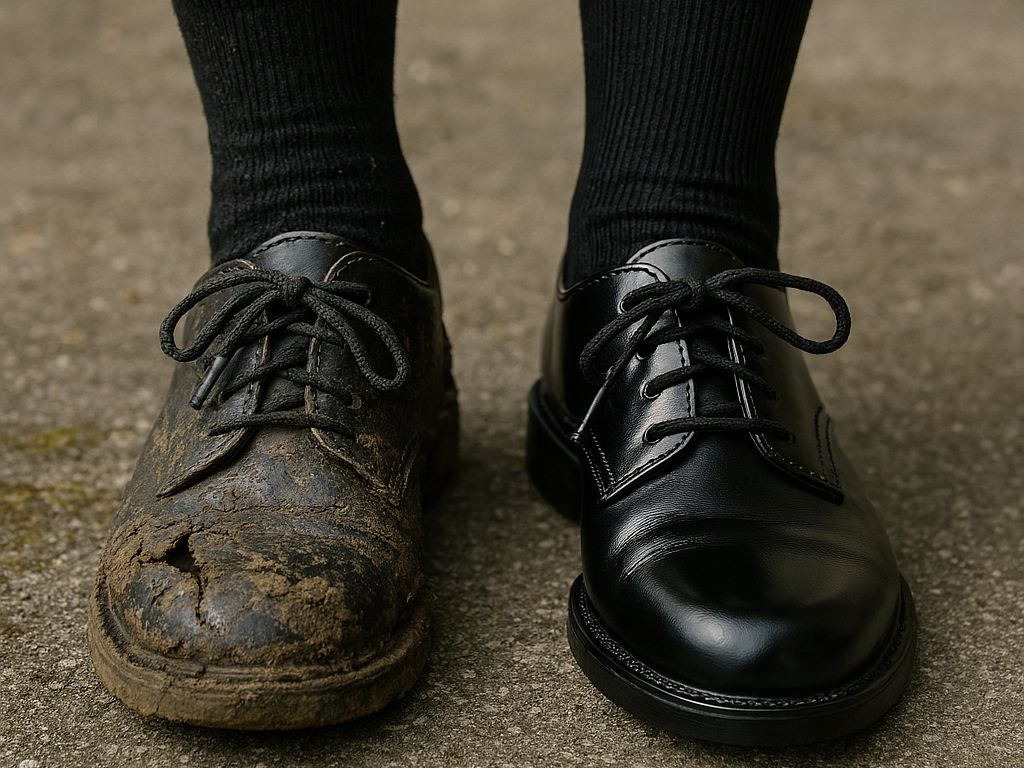 Photo of two feet in black lace-up school shoes common in Aotearoa schools. The shoe on the left is muddy and ripped, the one on the right is shiny and clean. This is a largely decorative image intended to depict the inequity present in Aotearoa.