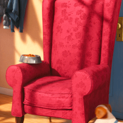 Gif of dog from Secret Life of Pets jumping onto a red armchair with a pillow, sinking into it and relaxing while his kibble rests on the armrest