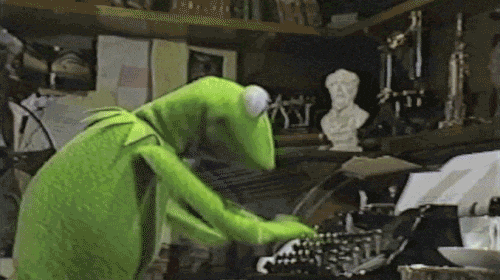 Gif of Kermit the Frog frantically typing on an old-school manual typewriter