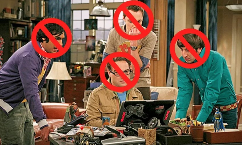 Photo from TV Show, Big Bang Theory, there are big red circles with crosses over the four main characters of the show