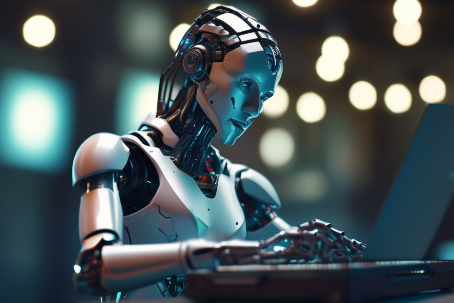 Largely decorative image of a robot (with feminine features) typing at a keyboard