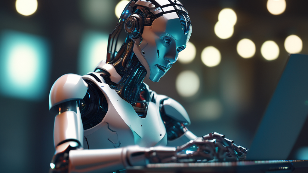 Largely decorative image of a robot (with feminine features) typing at a keyboard