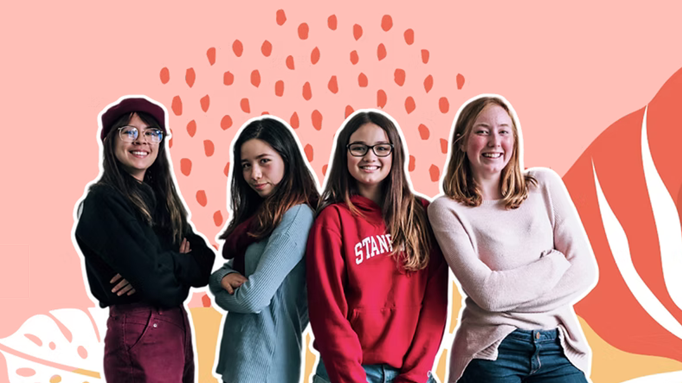 Largely decorative image depicting four young women standing shoulder to shoulder on a peach coloured background