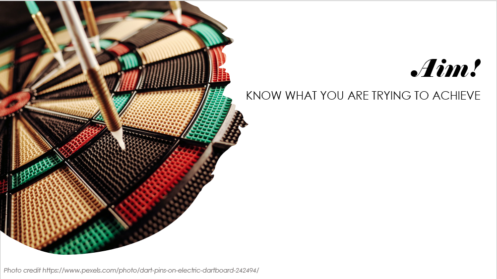 Largely decorative image of a dart board. The words say "Aim! Know what you are trying to achieve"