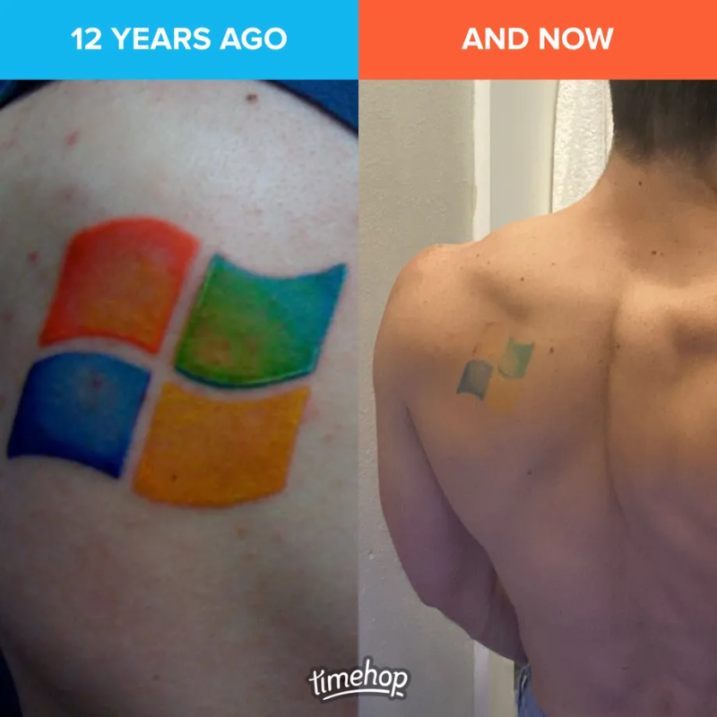 Brett Lemoine’s Windows 7 tattoo, has faded over time. The image on the left is of a fresh tattoo 12 years ago and today it is almost completely faded