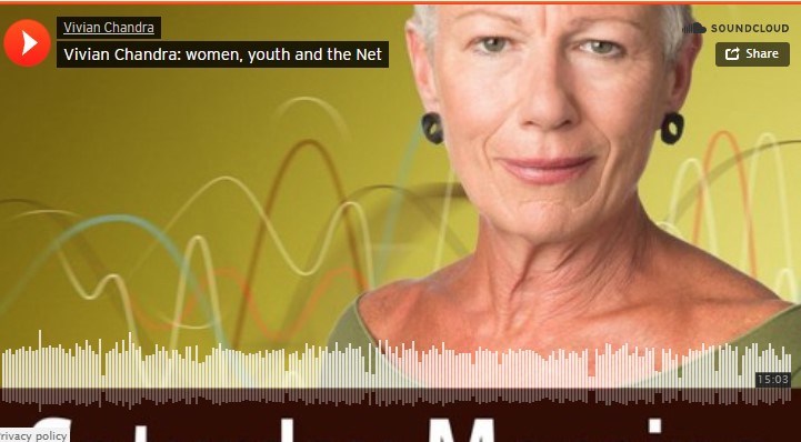 Largely decorative image of Kim Hill's photo on a Soundcloud background