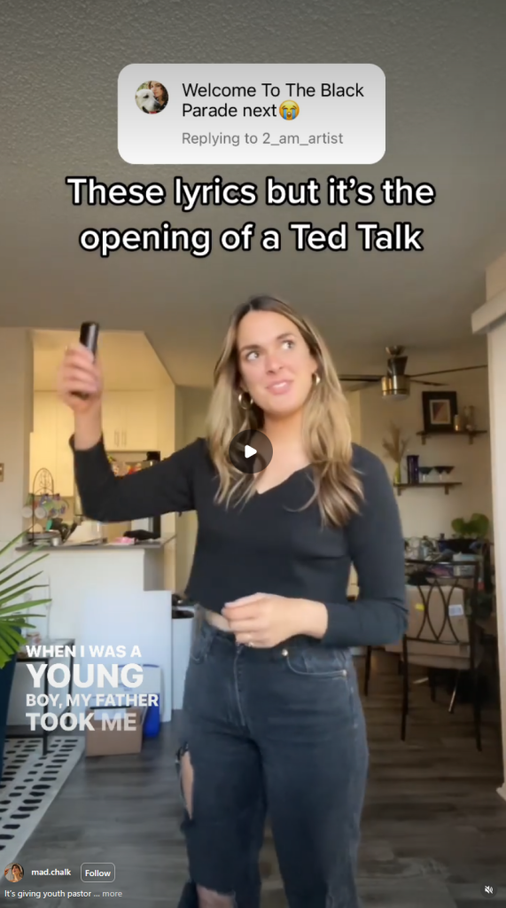 Screenshot from an Instagram Reel from @madchalk - Madeleine Chalk does speeches in the style of Ted Talks but they are lyrics from popular songs