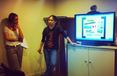 Me and Anita Harvey (Media Manager) in front of a screen