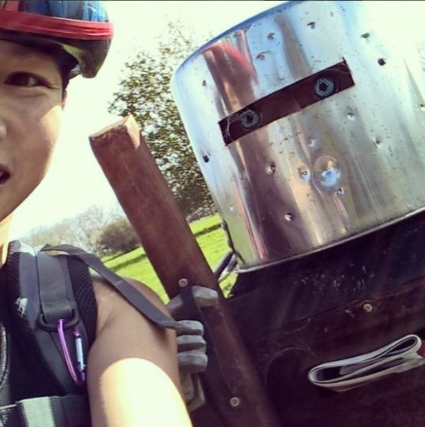 A selfie of me and a letterbox, shaped like a robot