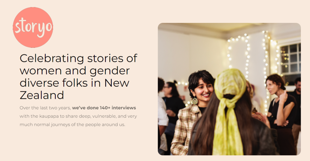 Header image from StoryO: It has a heading that says "Celebrating Stories of Women and Gender Diverse folks in NZ"