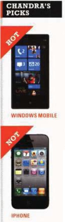 A graphic that says "Chandra's Picks" Hot vs Not and I chose Windows Mobile over iPhone