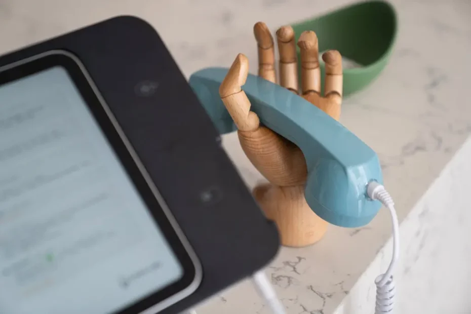 A wooden hand holds a blue phone next to an iPad on a counter.