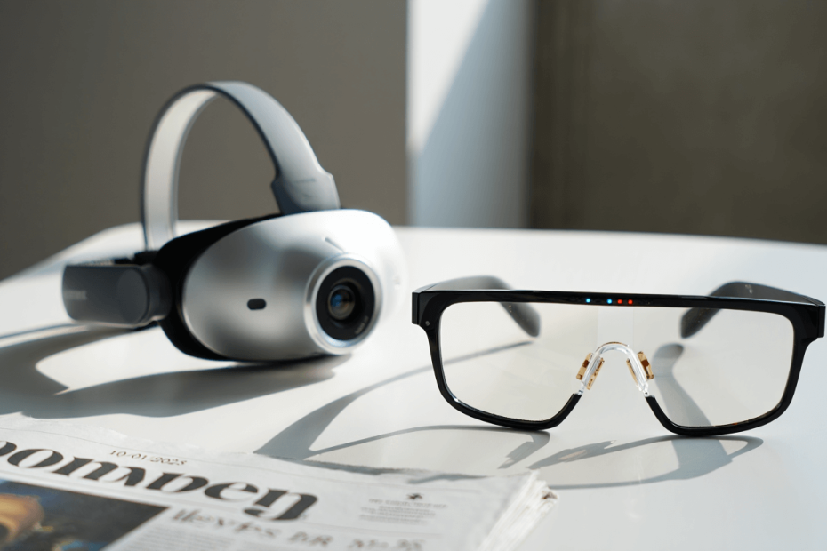 A pair of smartglasses sitting on a table next to a head-mounted camera