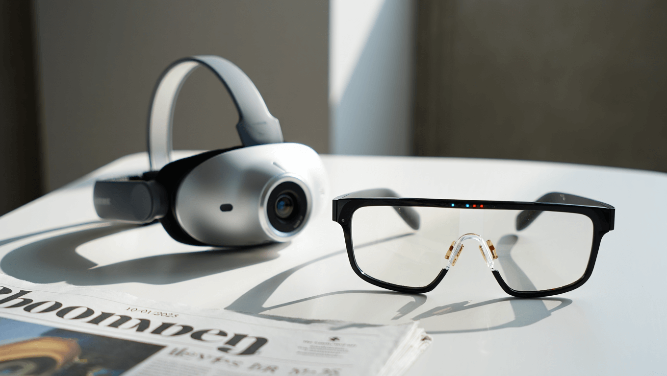 A pair of smartglasses sitting on a table next to a head-mounted camera